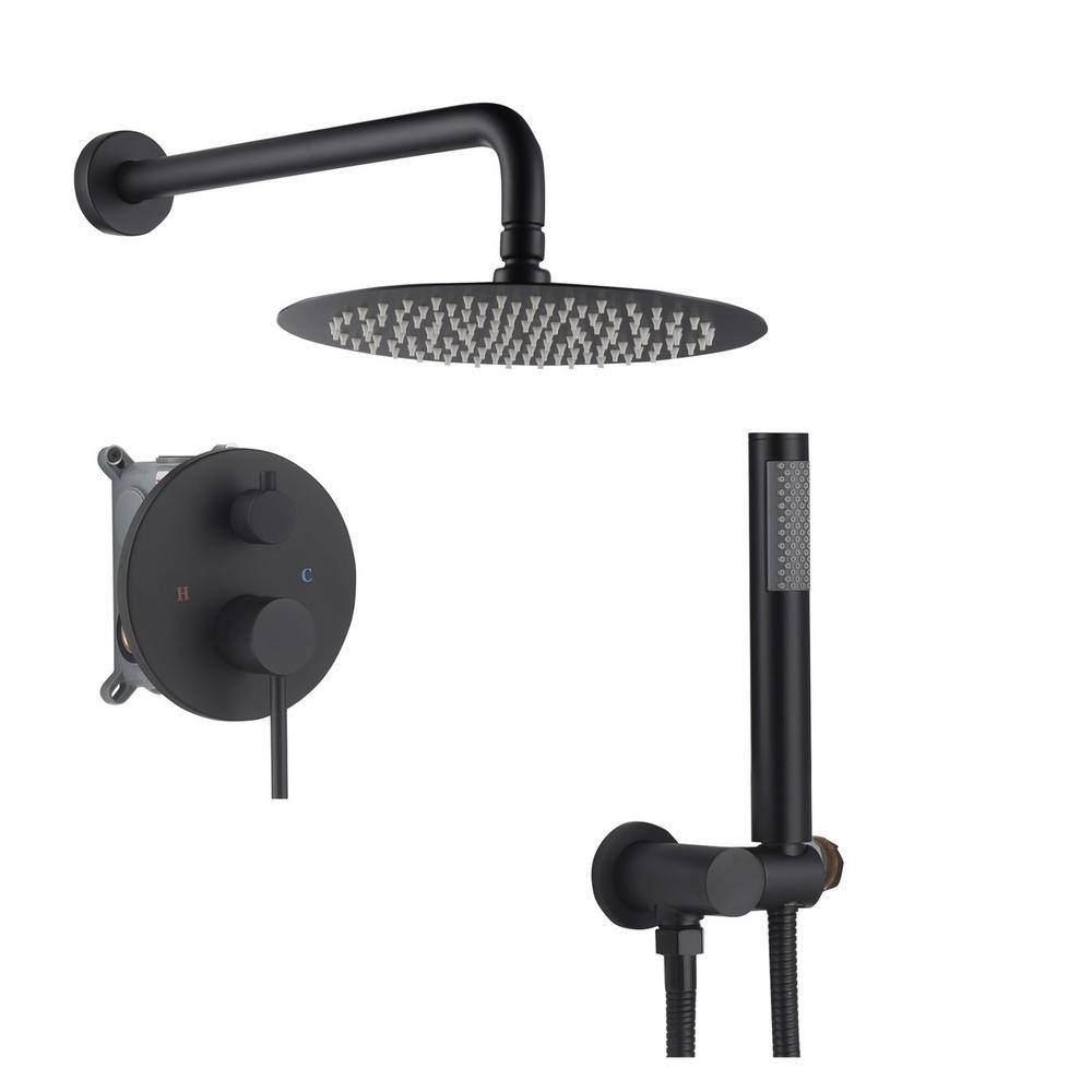 Magic Home 1-Spray 9.6 in. Round Temperature Control Hand Shower and Showerhead from Wall Combo Kit with Slide Bar in Black MH-KST-R210B