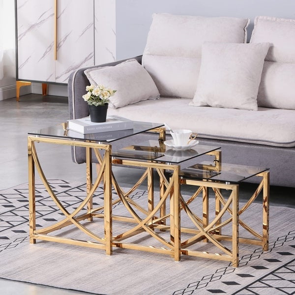 Small Coffee Table Set of 3， Nesting End Table 3 Pieces Side Tables Coffee Tables w/ Gray Tempered Glass and Gold - as picture