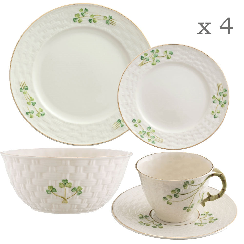 Belleek Classic 1880 Shamrock Gold 16 Piece Dinner Set