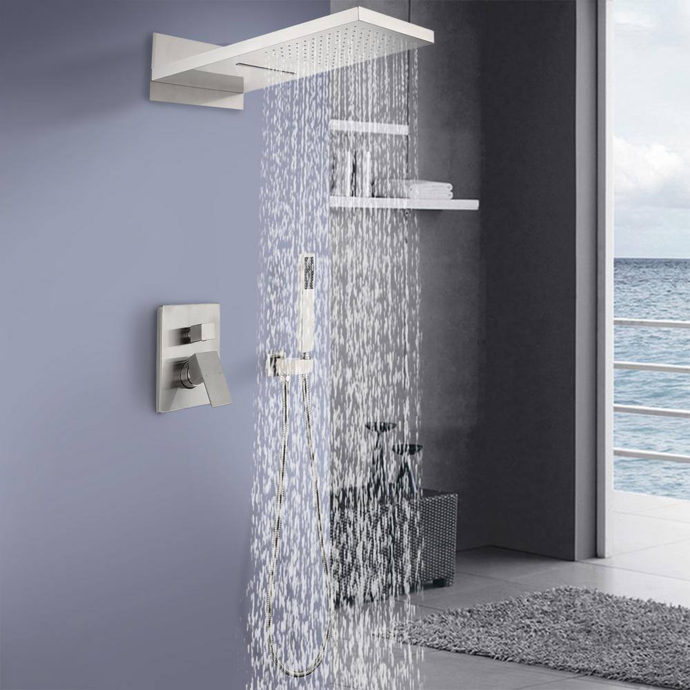 FORCLOVER 2-Spray Waterfall High Pressure Wall Mounted Shower System with Handheld Shower in Brushed Nickel FRIMFTHS011BN