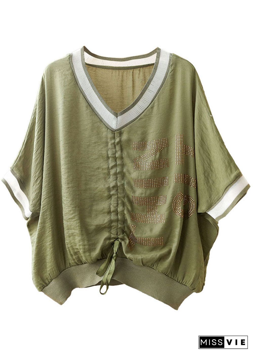 Beautiful Green V Neck Drawstring Patchwork Shirt Short Sleeve