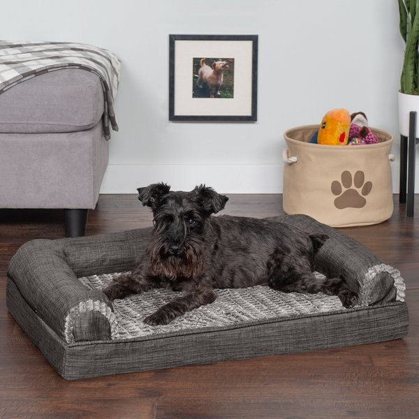 FurHaven Luxe Fur and Performance Linen Cooling Gel Top Sofa Cat and Dog Bed w/Removable Cover