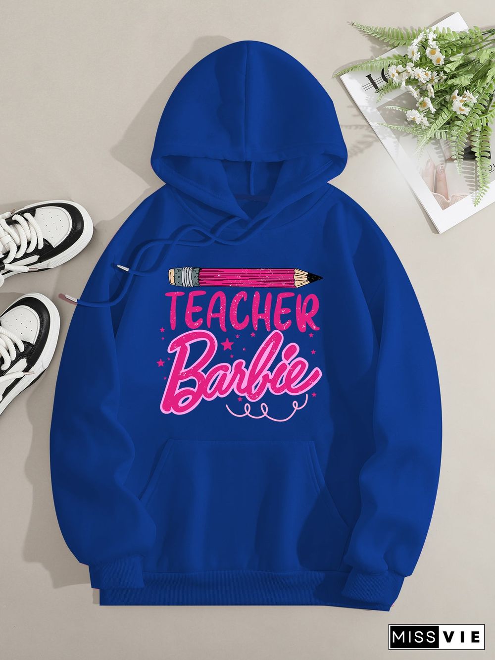 Printed on front Kangaroo Pocket Hoodie Long Sleeve for Women Pattern Teacher Barbie