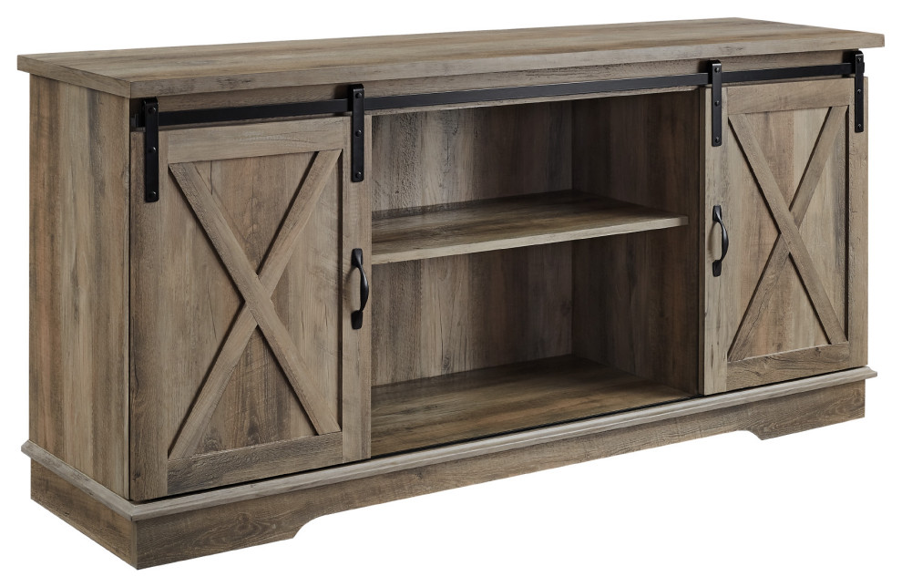 58 quotFarmhouse Sliding Barn Door TV Stand Media Console   Farmhouse   Entertainment Centers And Tv Stands   by Walker Edison  Houzz