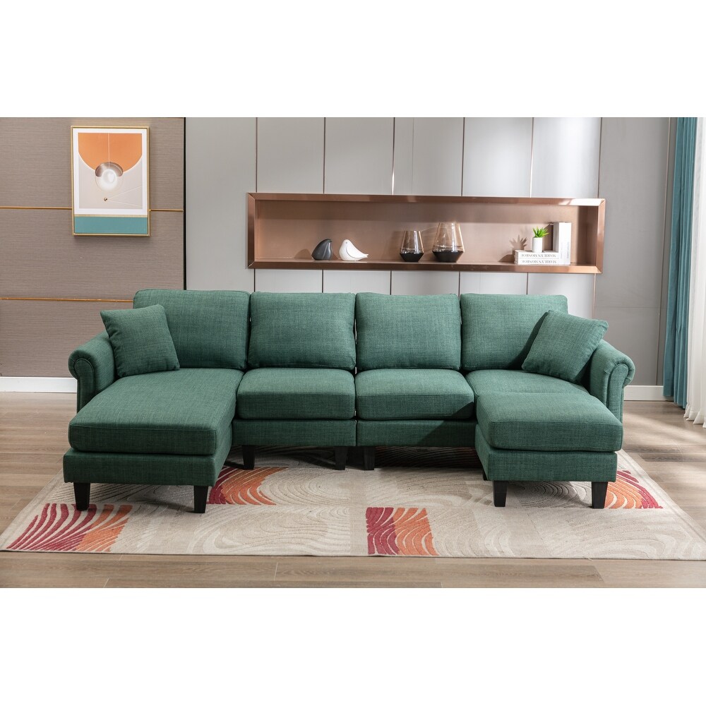 Velvet Upholstered L Shaped Sectional Sofa With Ottoman