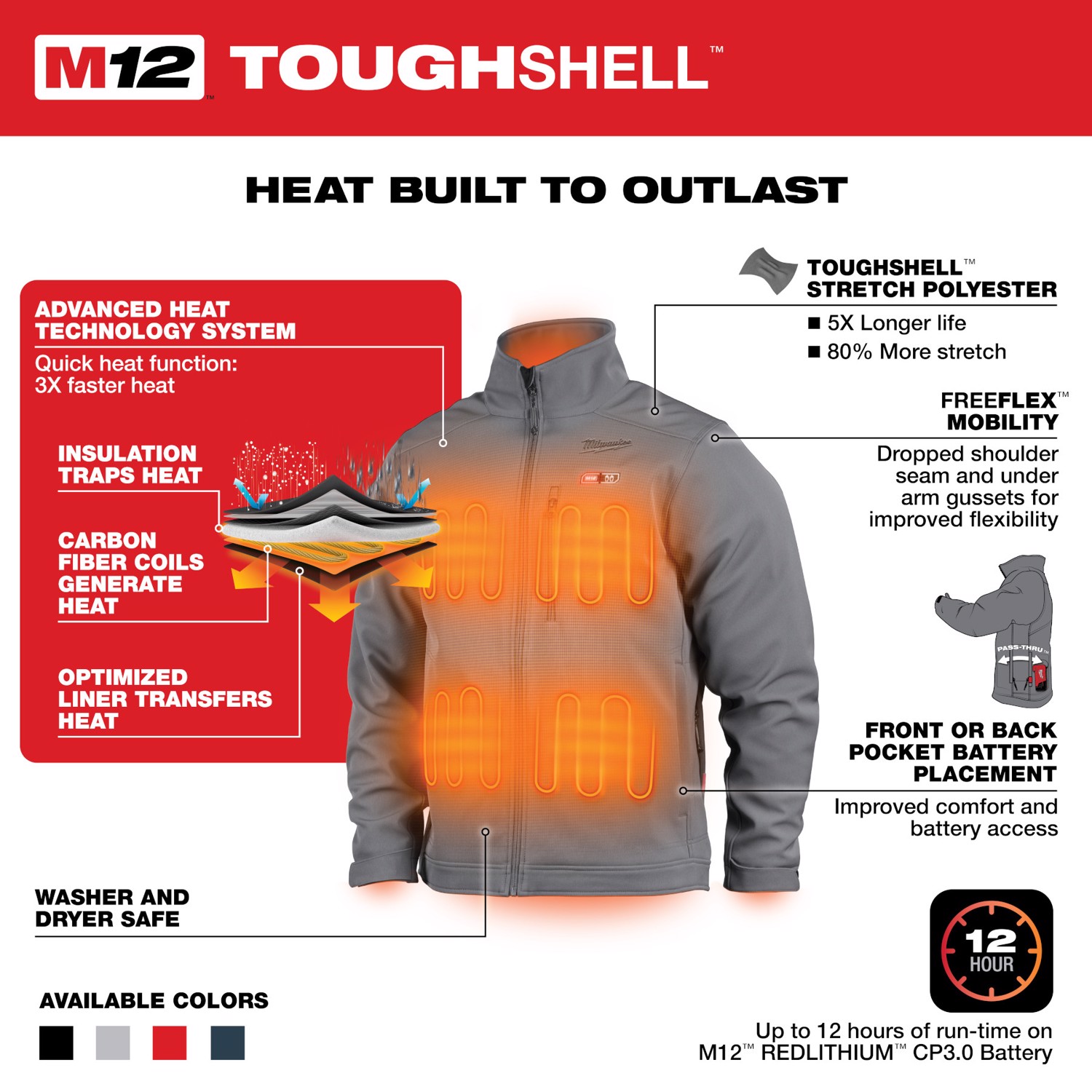 MW M12 TOUGHSHELL XL Long Sleeve Unisex Heated Jacket Kit Gray