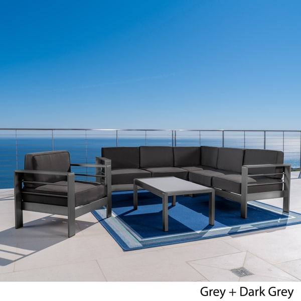 Cape Coral Outdoor Aluminum Tempered Glass 5piece VShape Sectional Sofa Set with Cushions by Christopher Knight Home