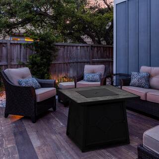 PHI VILLA 28 in. W x 24.8 in. H Square Black Metal Base Propane Gas Fire Pit Table with Gray TerrFab Top THD-E02GS008