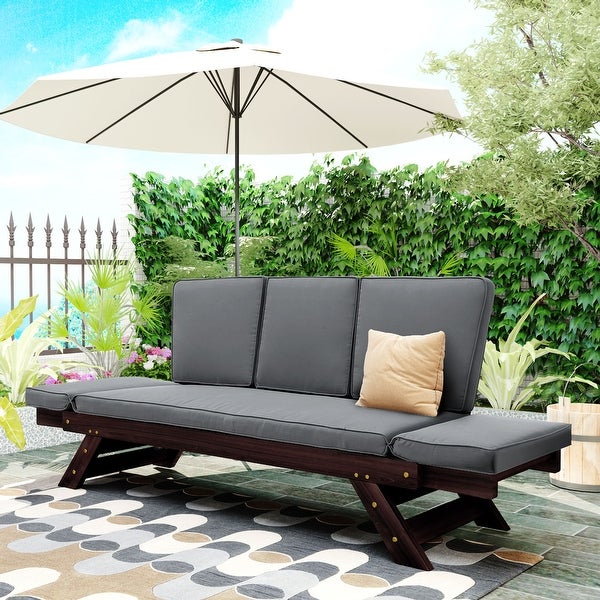 3-seater Sofa Outdoor Patio Expandable Daybed， Adjustable Wooden Chaise Lounge - Overstock - 37248378