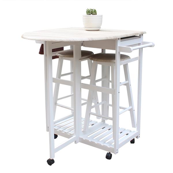 Wulawindy Foldable With Wooden Handle Semicircle Dining Cart With Round Stools White