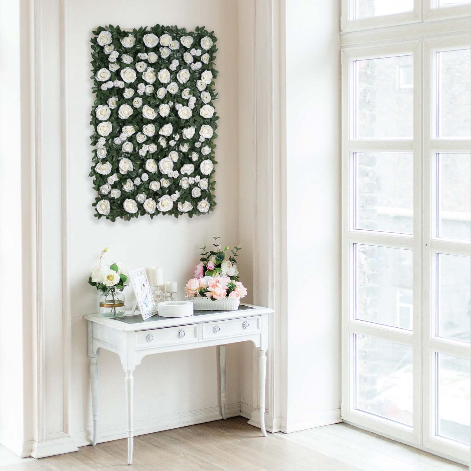 Easy-Install White Silk Rose Flower Mat Wall Panel Backdrop 3 Sq ft.