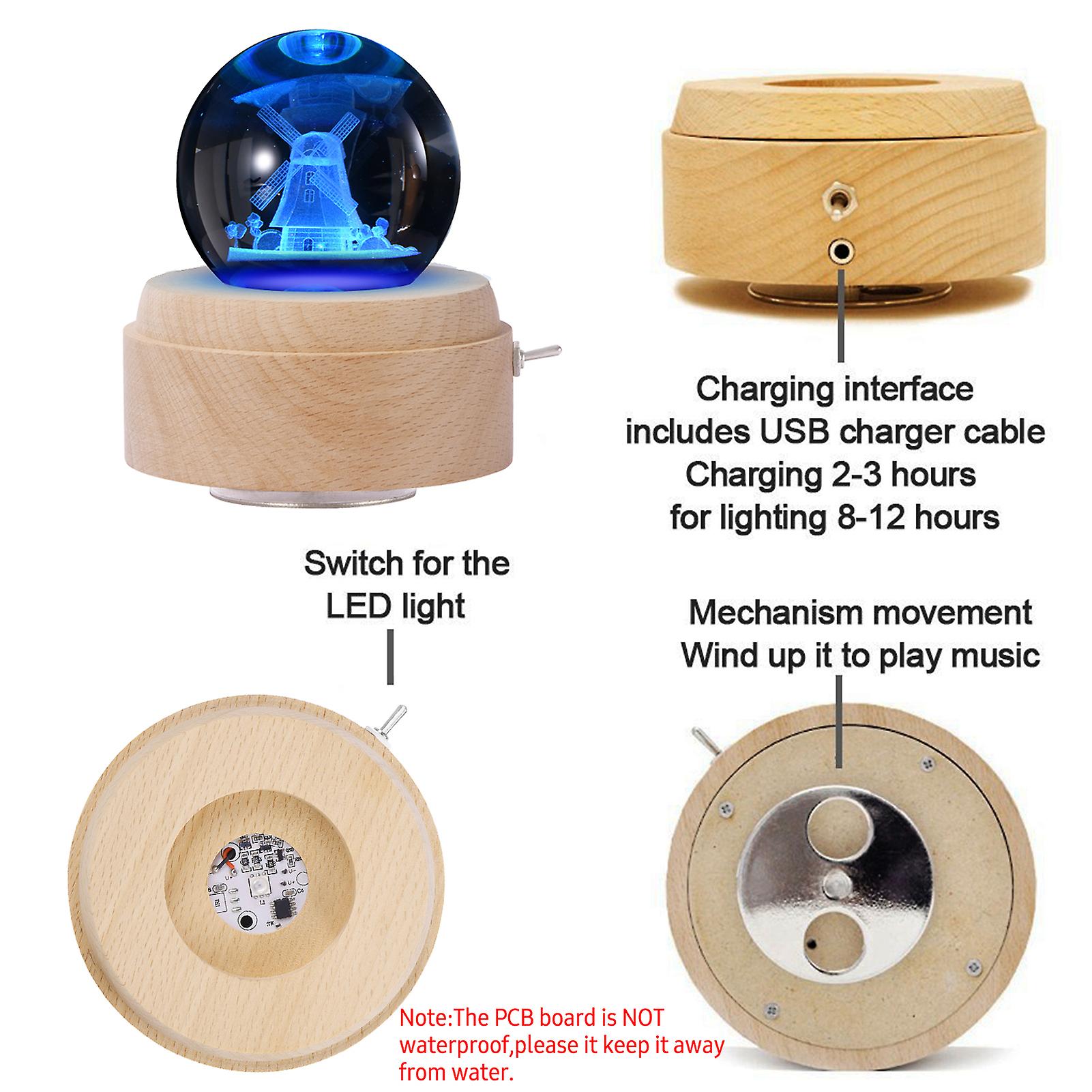 Crystal Ball Music Box Rotating Luminous Led Light Box Wooden Base Rotating Windup Musicbox Night Light Room Decor Musical Gift Nice Present For Birth