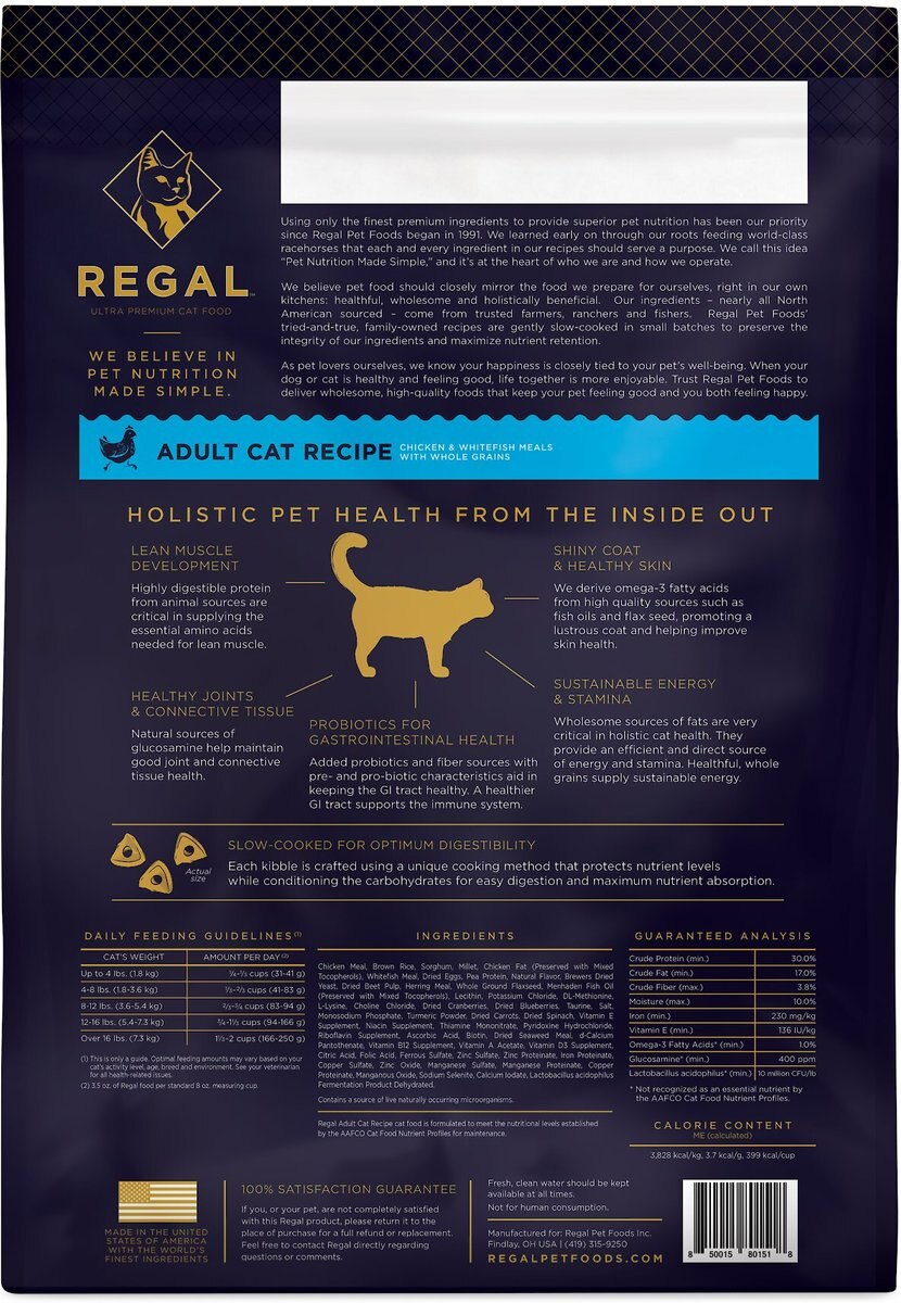 Regal Pet Foods Adult Cat Recipe Chicken and Whitefish Meals Whole Grains Dry Cat Food