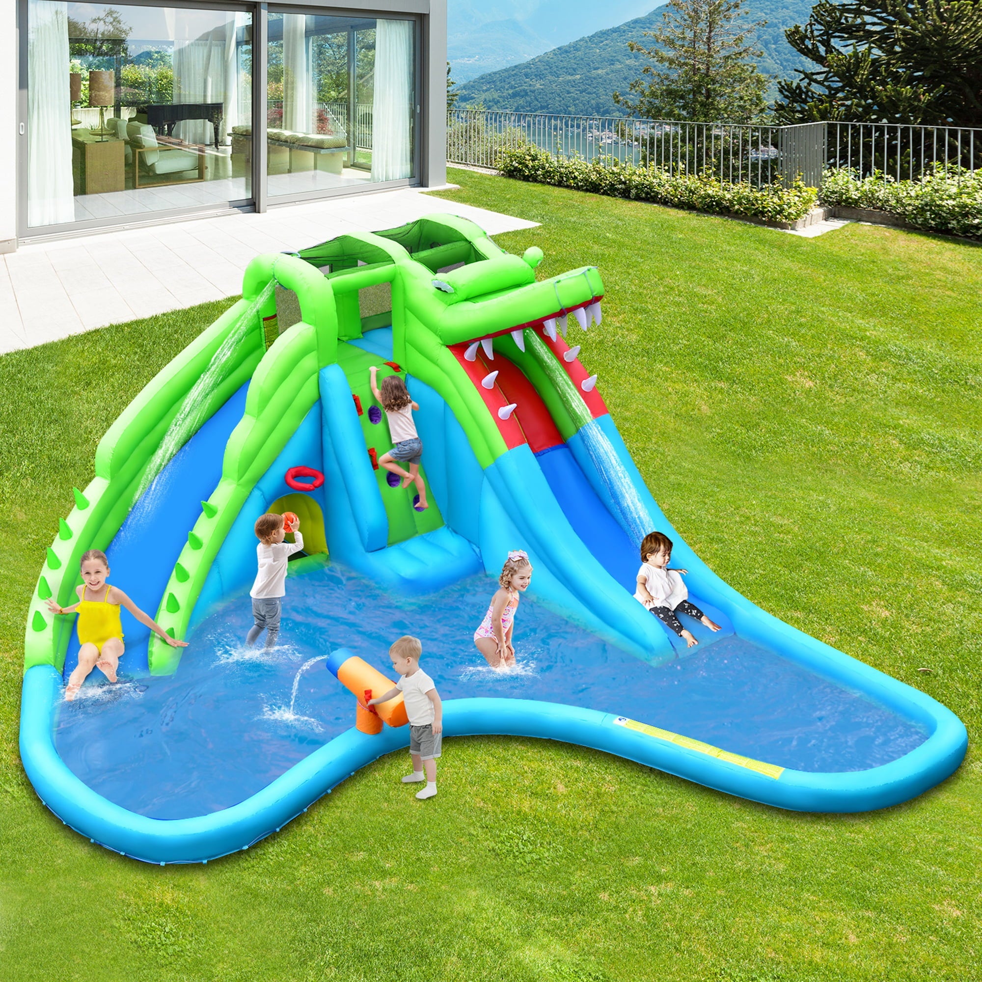 Gymax Crocodile Inflatable Water Slide Park Kids Bounce House w/ Dual Slides With 780W Blower