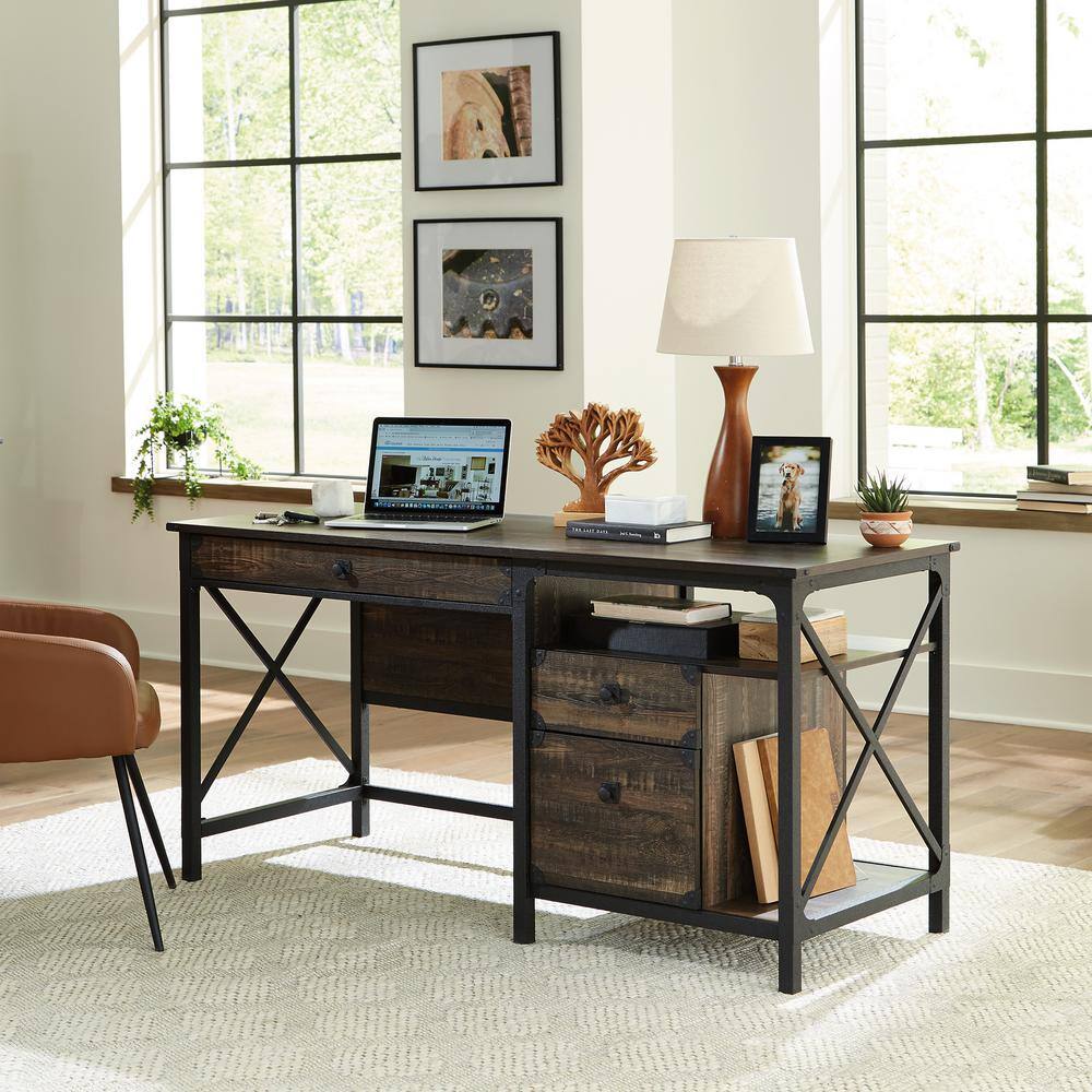 SAUDER Steel River 60.079 in. Carbon Oak Engineered Wood 3-Drawer Computer Desk with File Storage and Metal Frame 427851