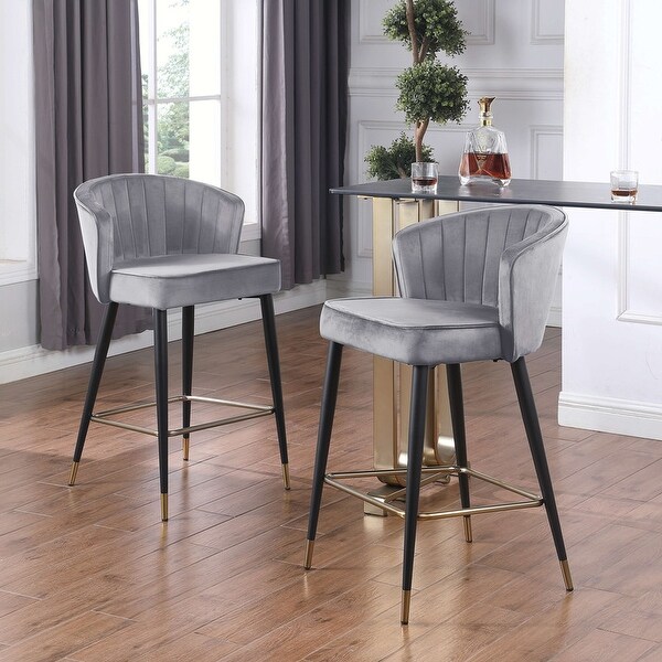 Woker Furniture Contemporary Velvet Upholstered Counter Height Stool with Gold Tipped， Black Metal Legs