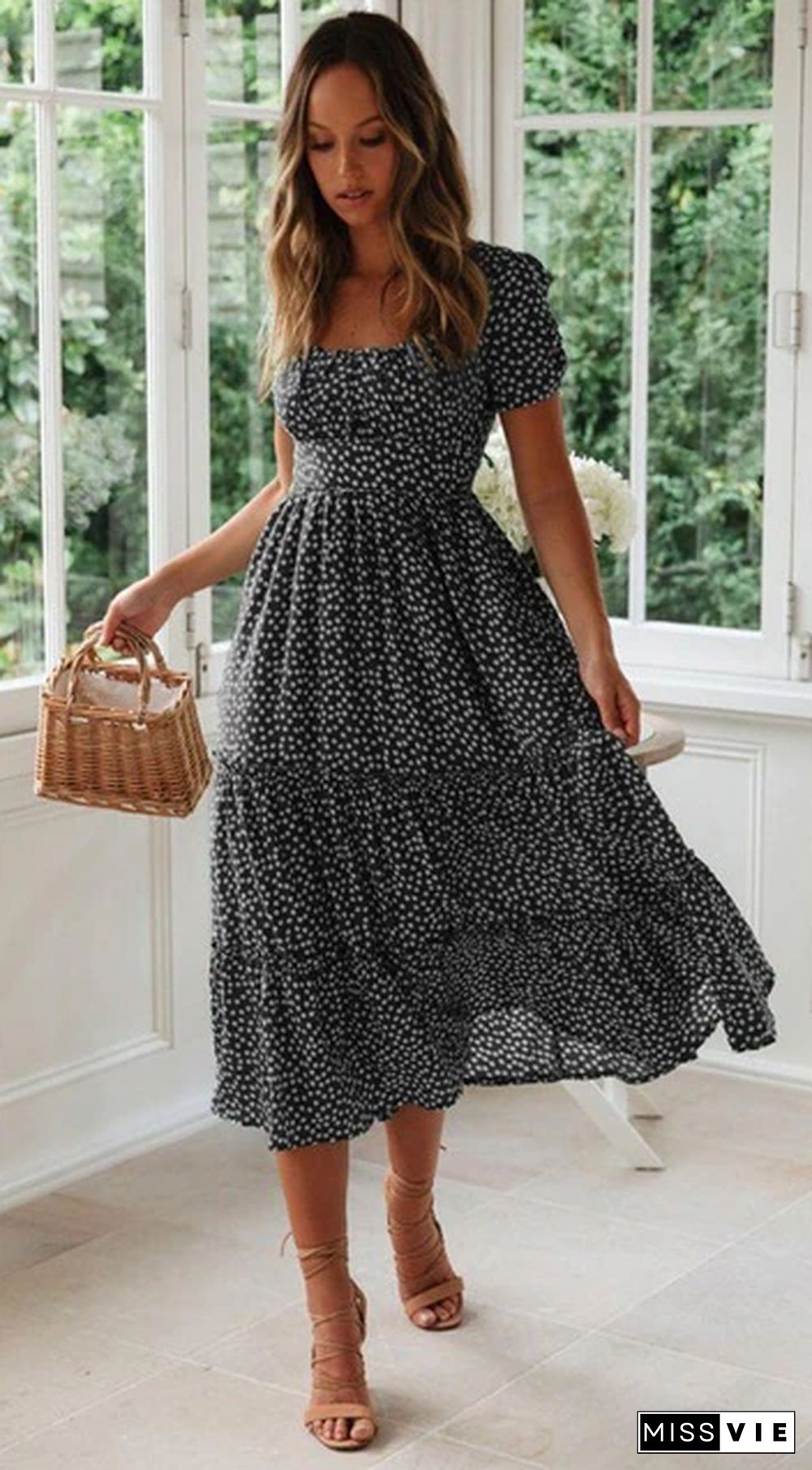 Sweet Dresses Casual Square Collar Floral Maxi Long Dress Print Puff Sleeve Summer Beach Dresses Length Sleeve Style Fabric Type