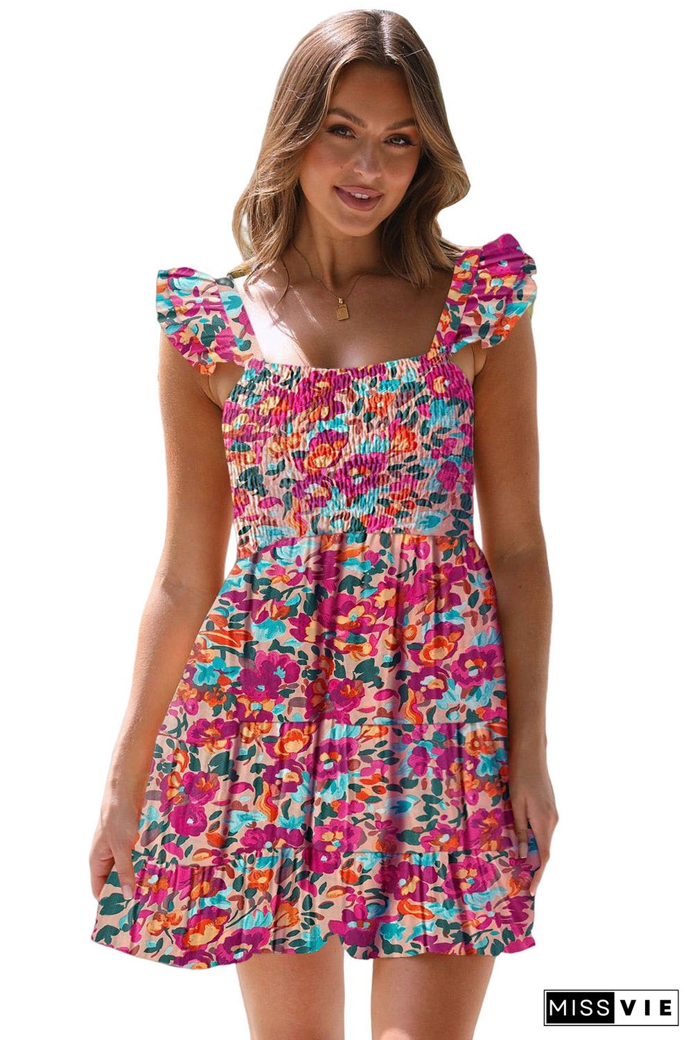 Rose Ruffled Shirred Sleeveless High Rise Floral Mini Dress