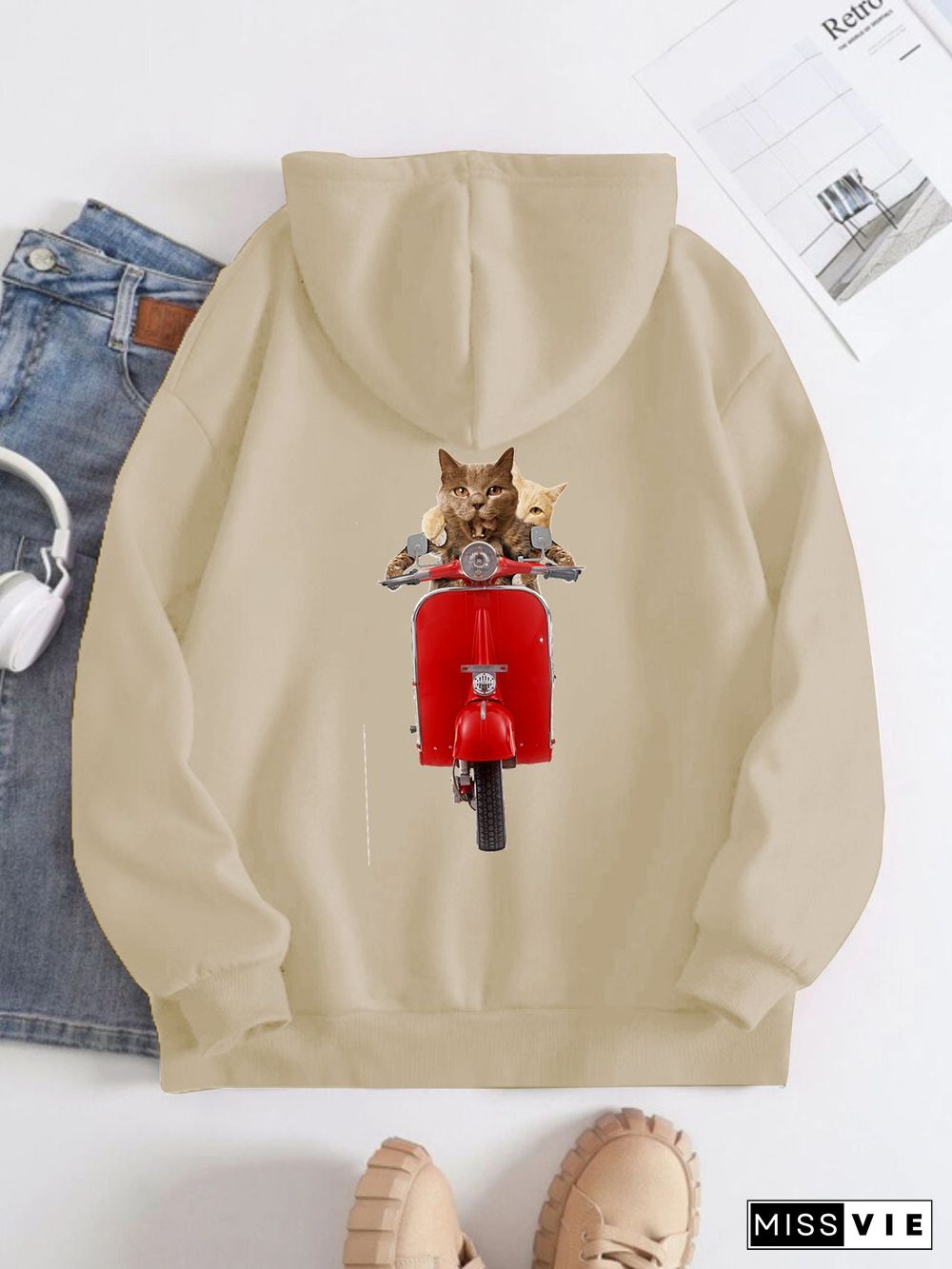 Printed on the Back Kangaroo Pocket Hoodie Long Sleeve for Women Pattern  Cat Riding a Motorcycle