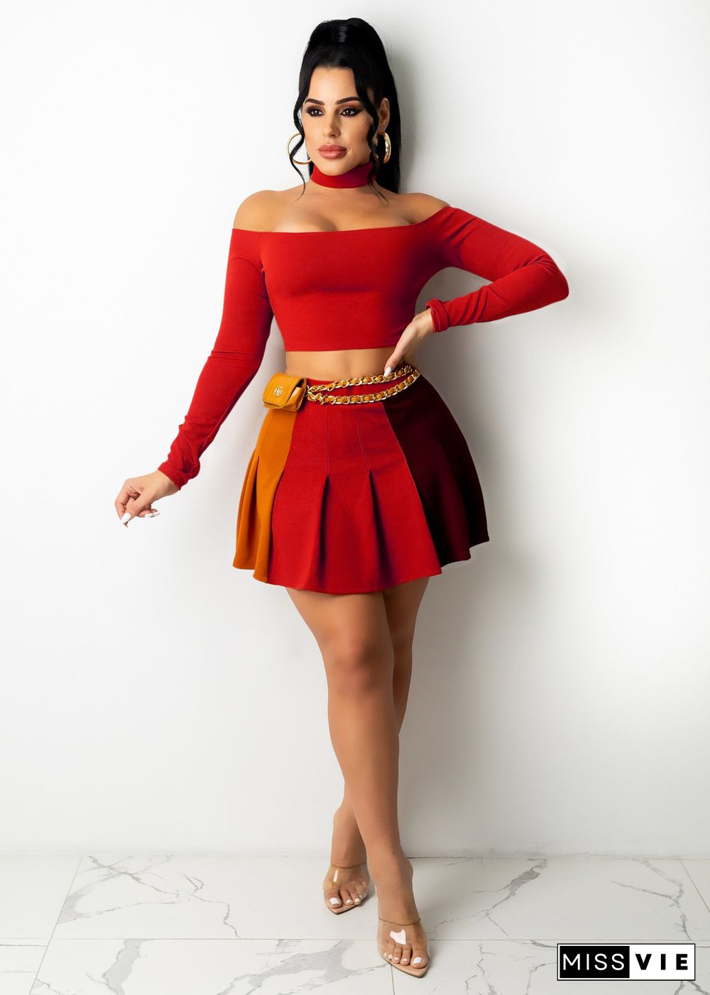 Off Shoulder Crop Top Pleated Mini Skirt Set