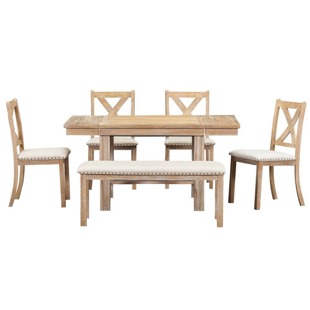 Classic 6 Piece Dining Set with Rectangular Extendable Dining Table and Upholstered Chairs   Bench w/Nailhead  for Dining Room