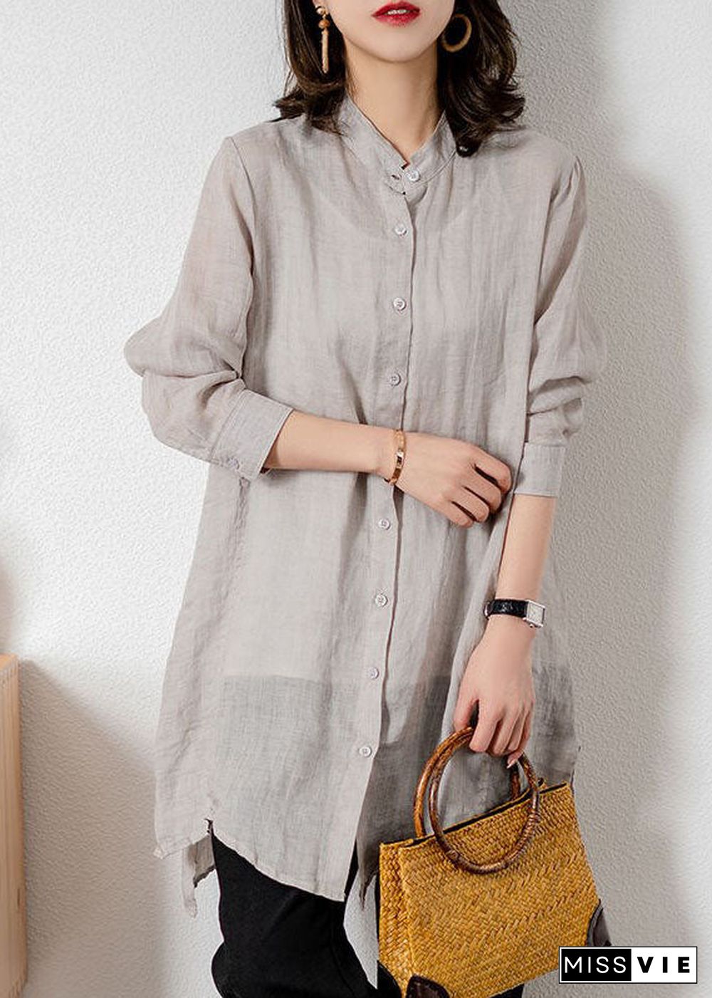 Grey Patchwork Linen Blouses Button Bracelet Sleeve