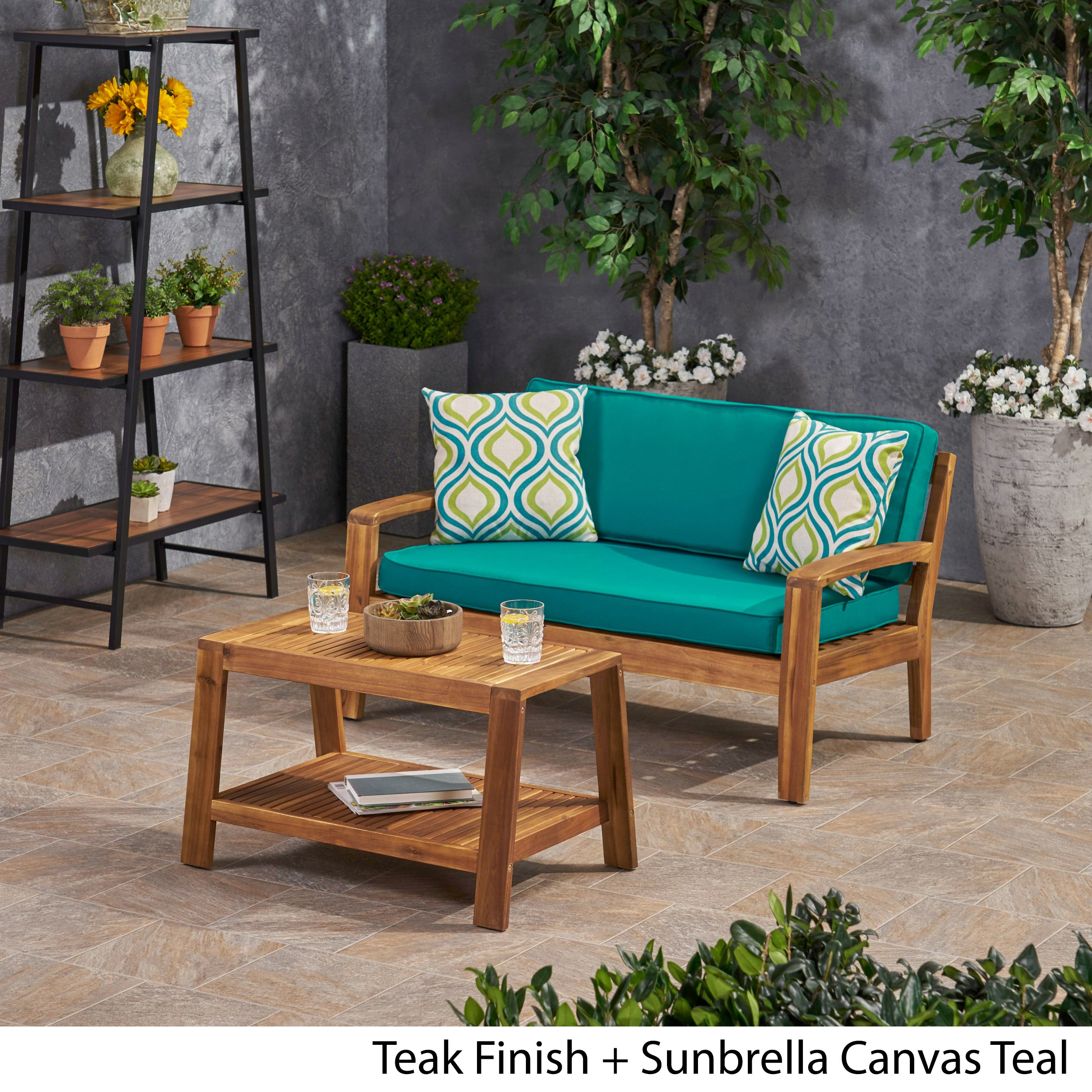 Parma Outdoor Acacia Wood Loveseat and Coffee Table Set with Sunbrella Cushions