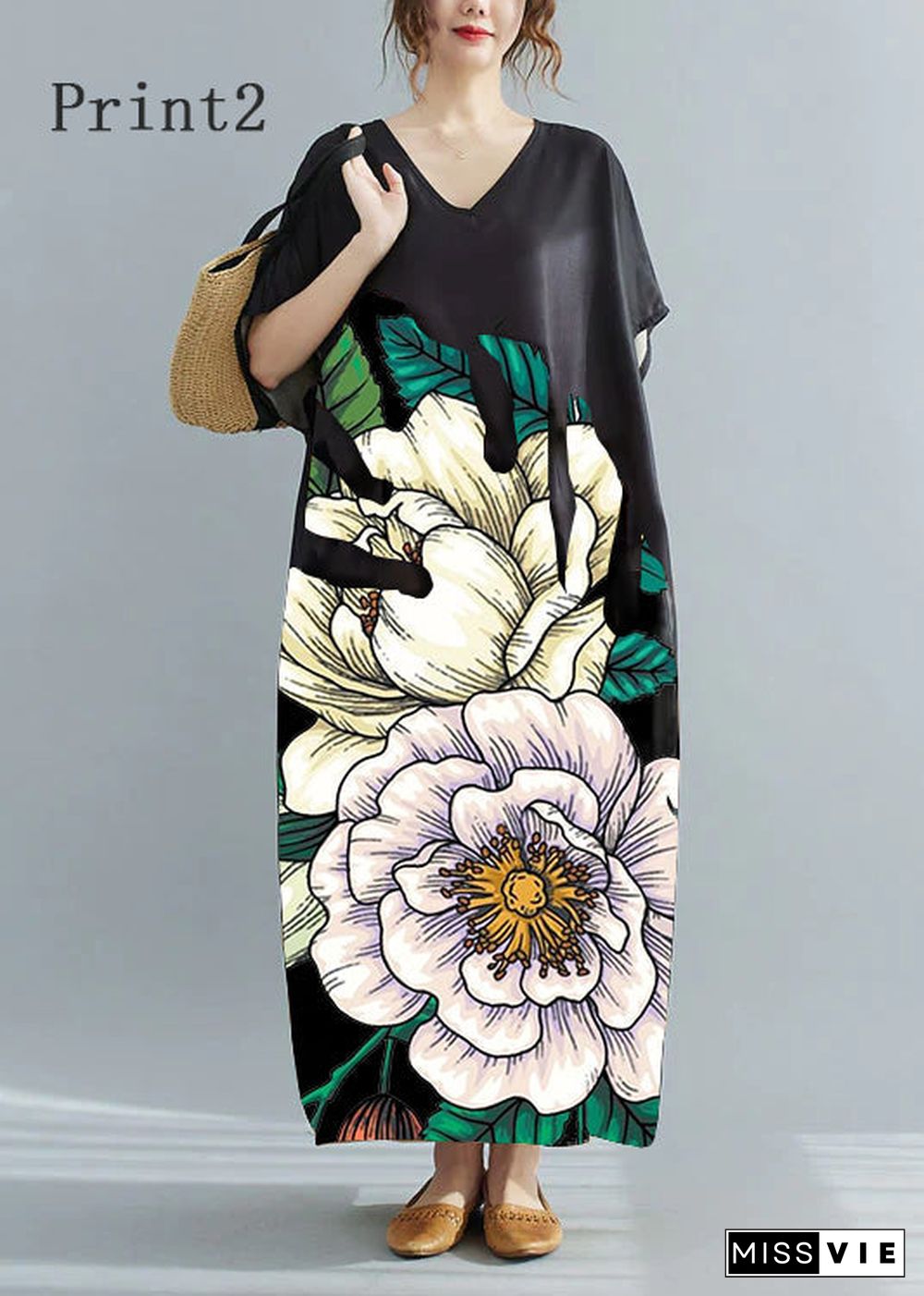 Loose Black - texture V Neck Oversized Leaf Print Chiffon Long Dress Short Sleeve