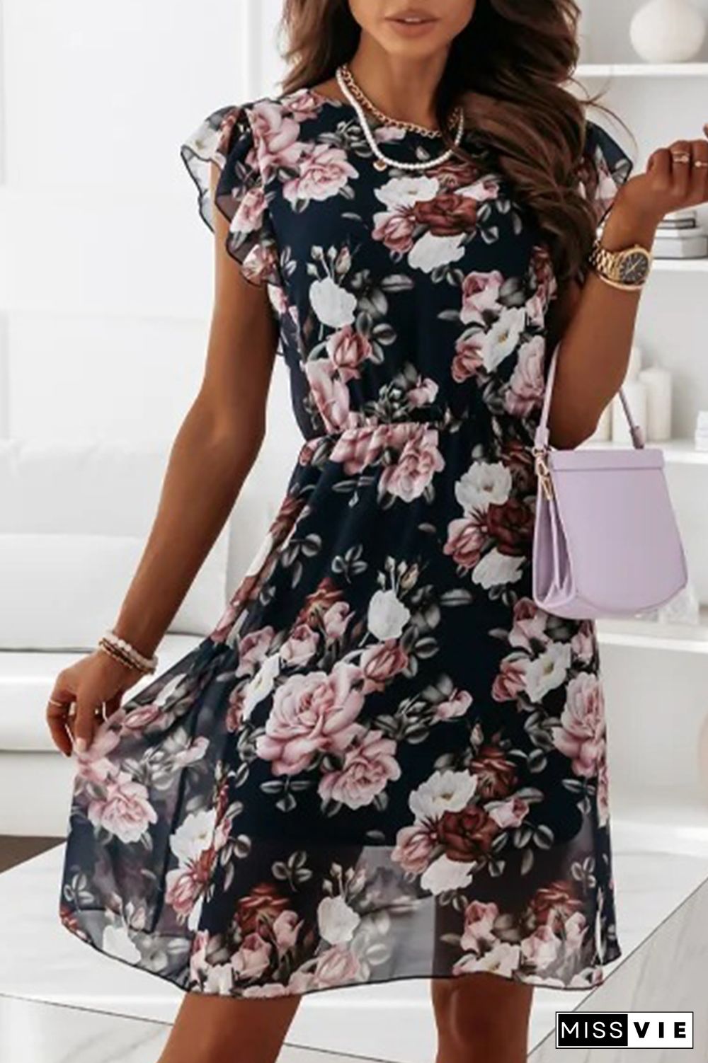 Fashion Elegant Floral Flounce O Neck A Line Midi Dresses