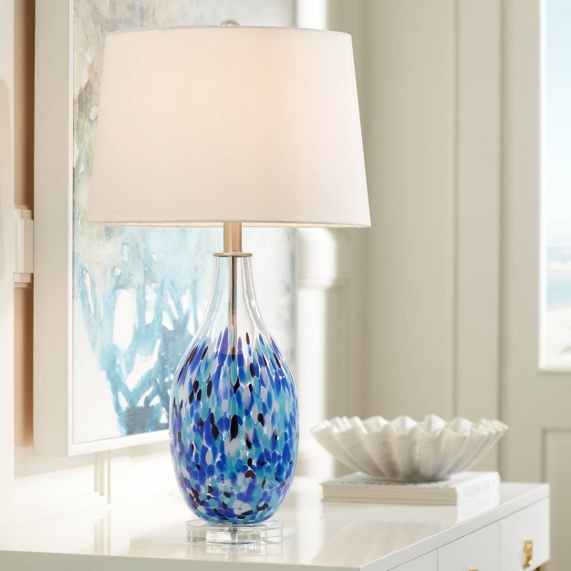 Tall Blue Art Glass White Fabric Drum Shade For Bedroom Living Room Bedside Nightstand Office House