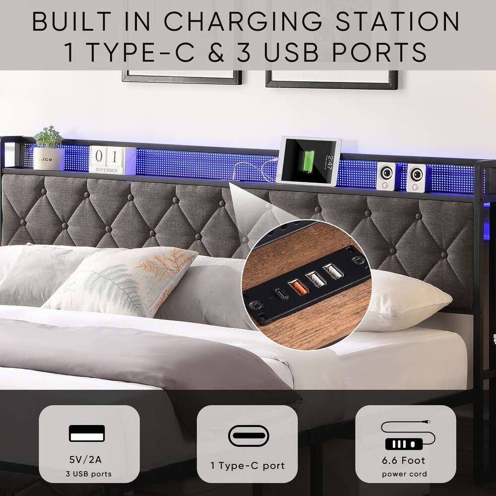 King Upholstered Bed with Storage Headboard Charging Station LED Lights