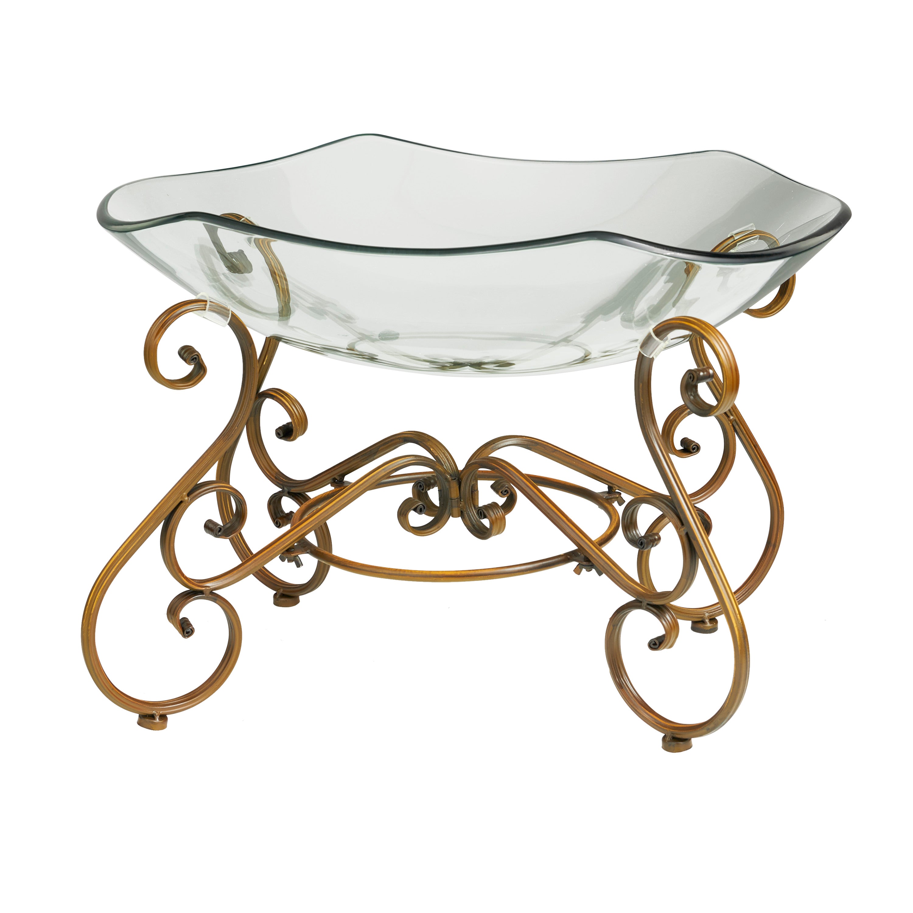 DecMode 21 x 14 Clear Glass Kitchen Serving Bowl with Gold Metal Scroll Base， 1-Piece