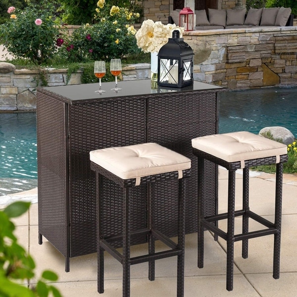 Outdoor 3Piece Black Brown Wicker Bar Set w/ Storage Shelves