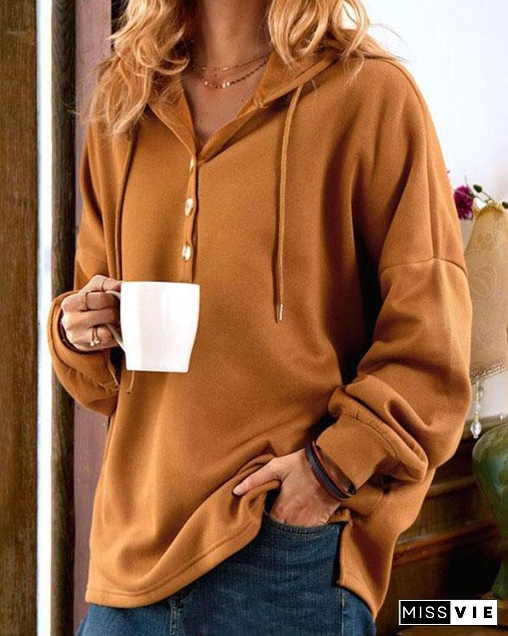 Plain Color Women's Button Hoodie Casual Pullover