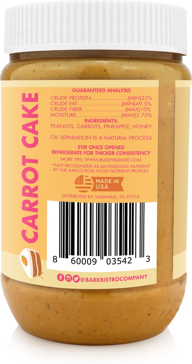 Bark Bistro Company Carrot Cake Buddy Budder Dog Treat， 17-oz jar