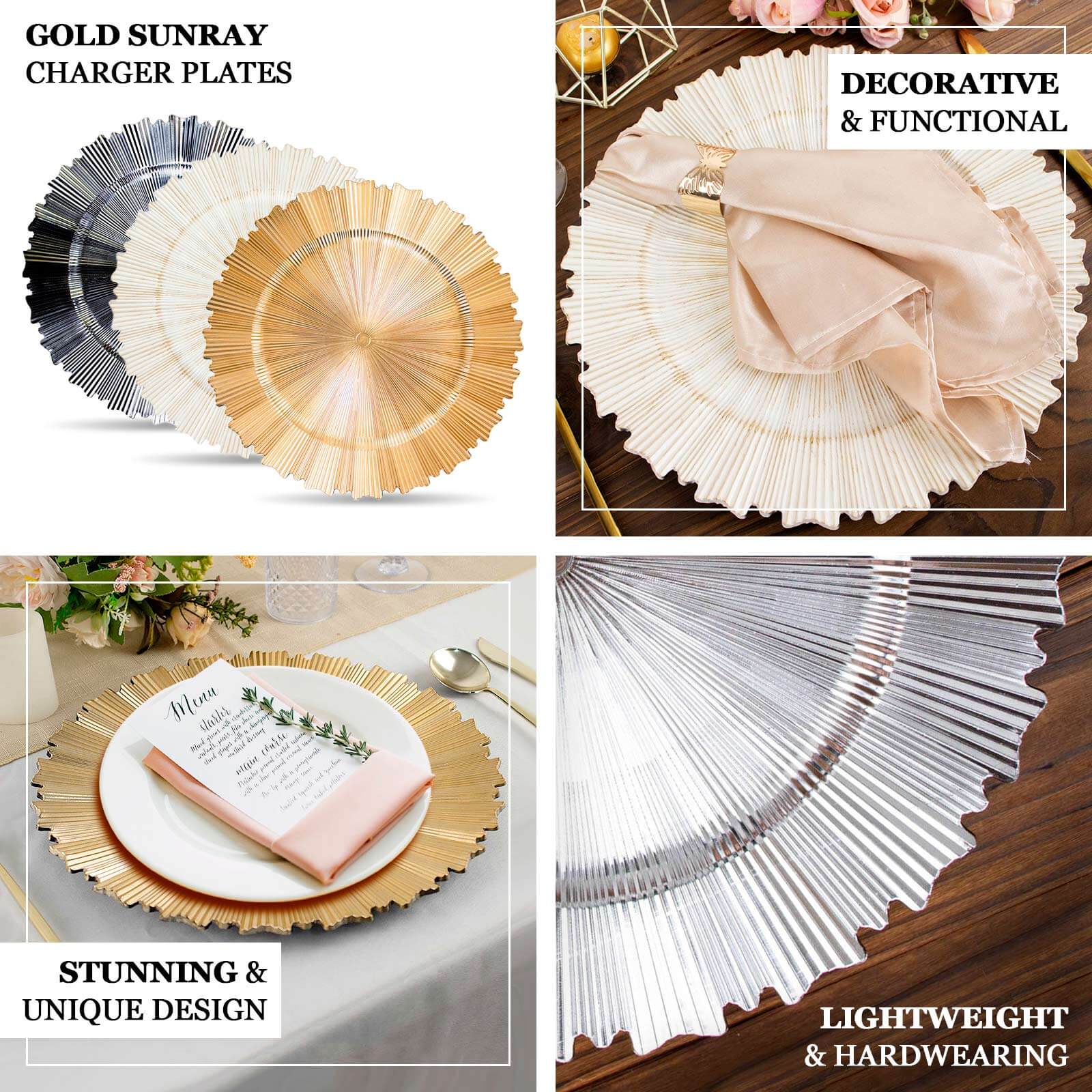 6 Pack Metallic Gold Sunray Acrylic Plastic Serving Plates, Round Scalloped Rim Disposable Charger Plates 13