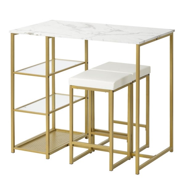 3 piece vintage bar set with natural wood countertops and 2 bar stools /3 storage shelves. (White/Gold)