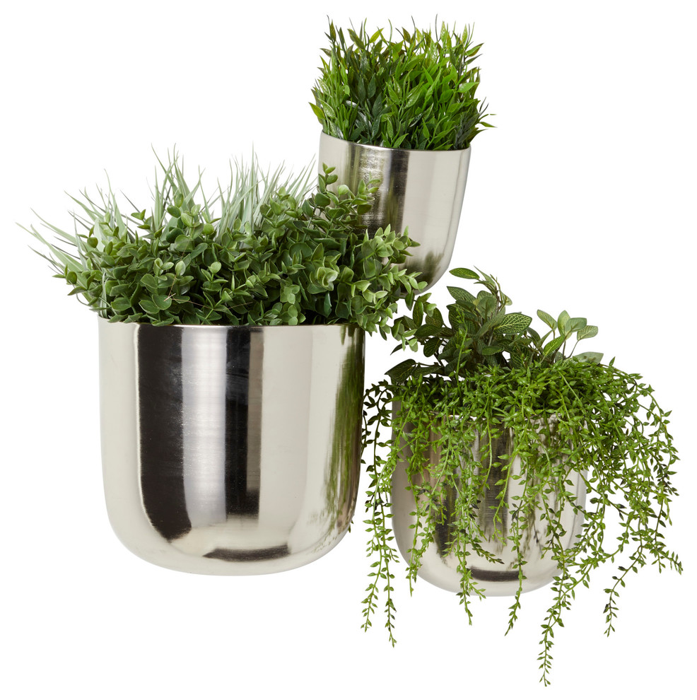 Zimlay Round Metallic Silver Metal Set Of 3 Wall Planters 51942   Contemporary   Outdoor Pots And Planters   by Brimfield  ampMay  Houzz