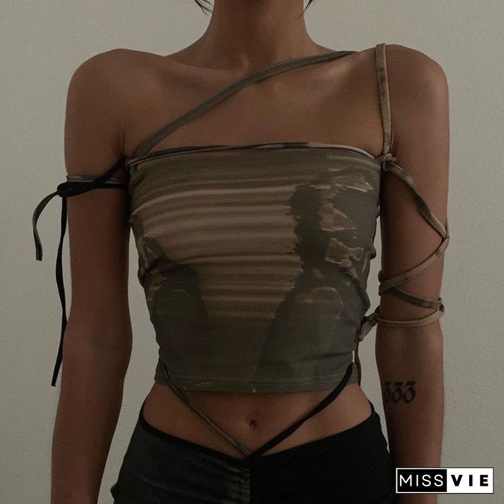 Punk Gothic Camis Grunge Lace Up Off Shoulder Women Crop Tops Hip Hop Bodycon Sleeveless Vintgae Print 90s Streetwear