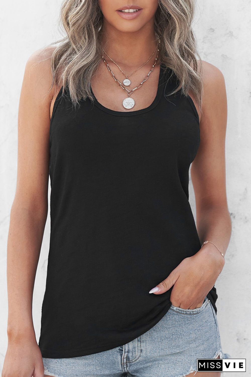 Black Scoop Neck Basic Solid Tank Top