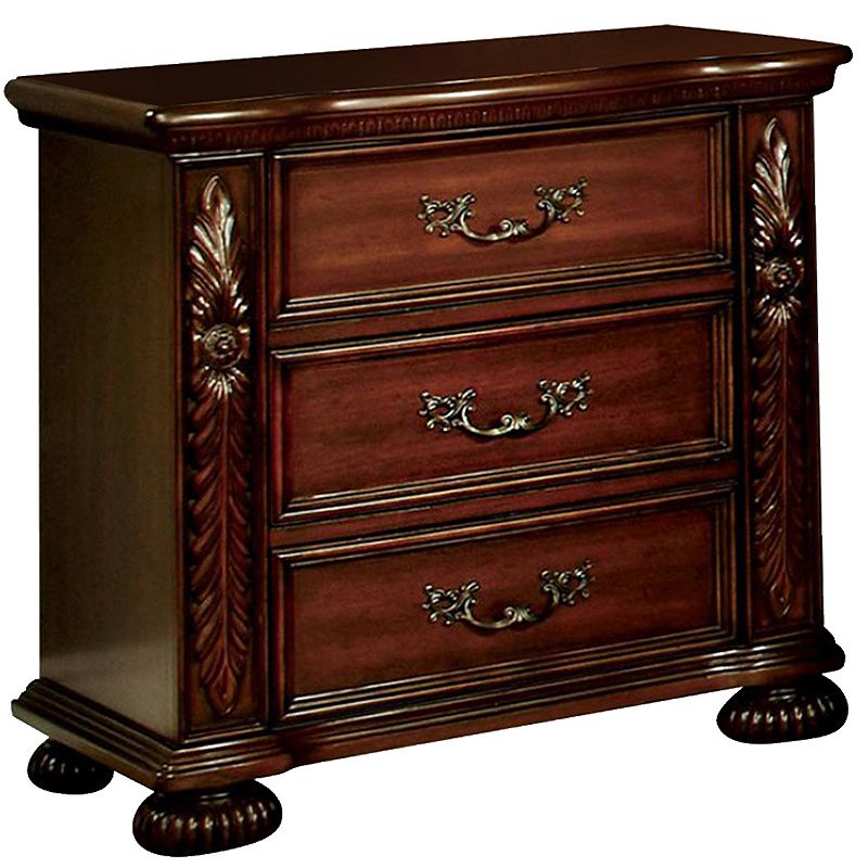 3 Drawer Wooden Nightstand with Antique Metal Handles and Bun Feet， Brown