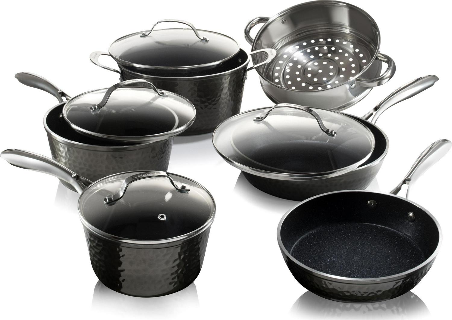 Granite Stone Hammered Titanium Non-Stick Diamond Infused 10 Piece Cookware Set with Glass Lids， Oven Safe， Dishwasher Safe