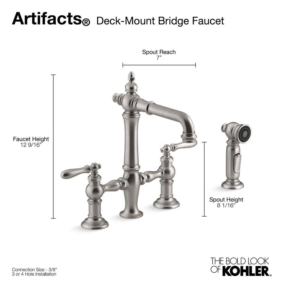 KOHLER Artifacts 2-Handle Bridge Kitchen Faucet with Lever Handles in Vibrant Stainless K-76520-4-VS