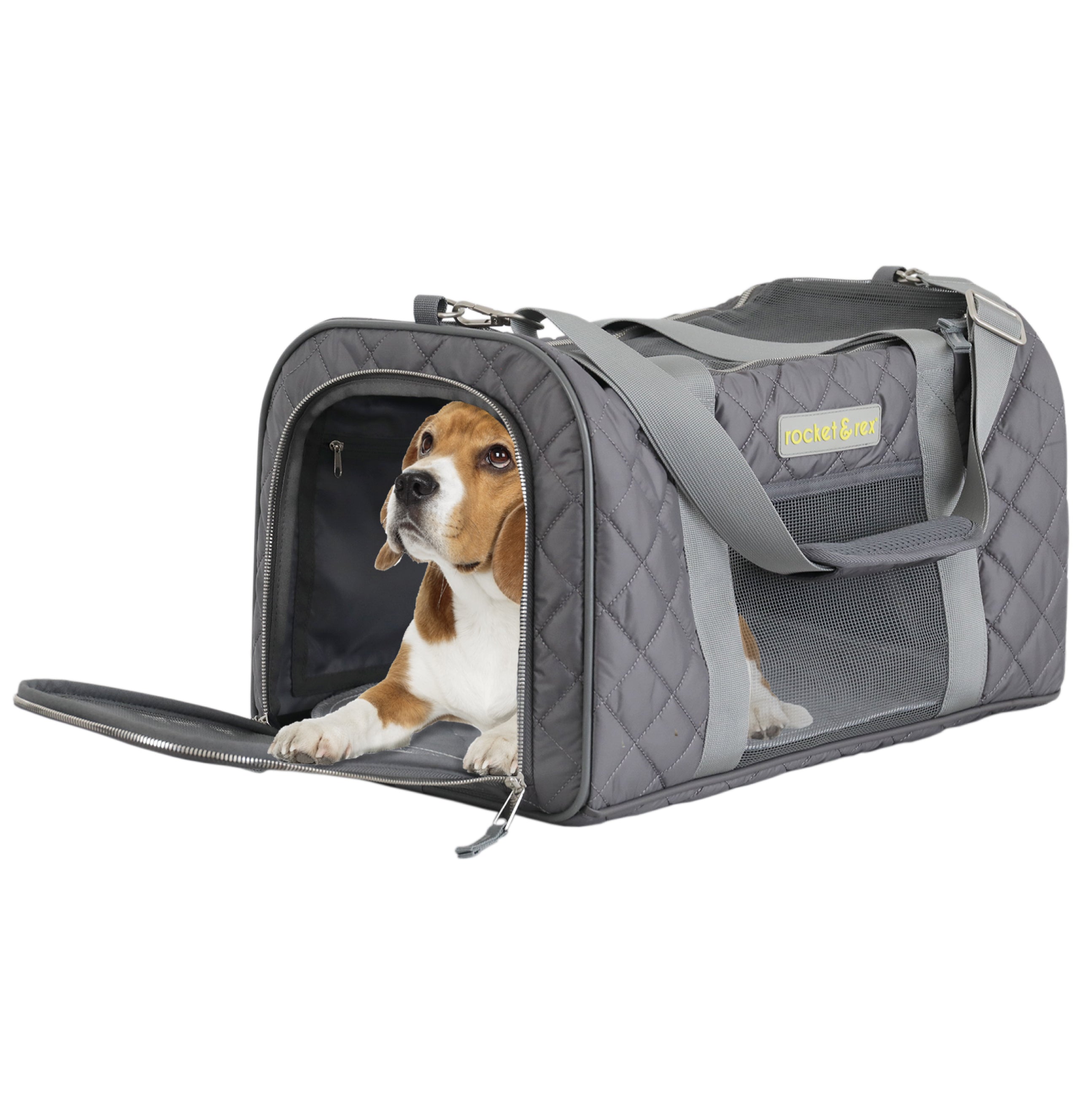 rocket and rex Premium， Soft Sided Pet Carrier. for Dogs， Puppies and Cats up to 16 lbs. Car Rides， Everyday Use and Travel. Airline Approved. Collapsible， Rigid Frame for Easy Storage.