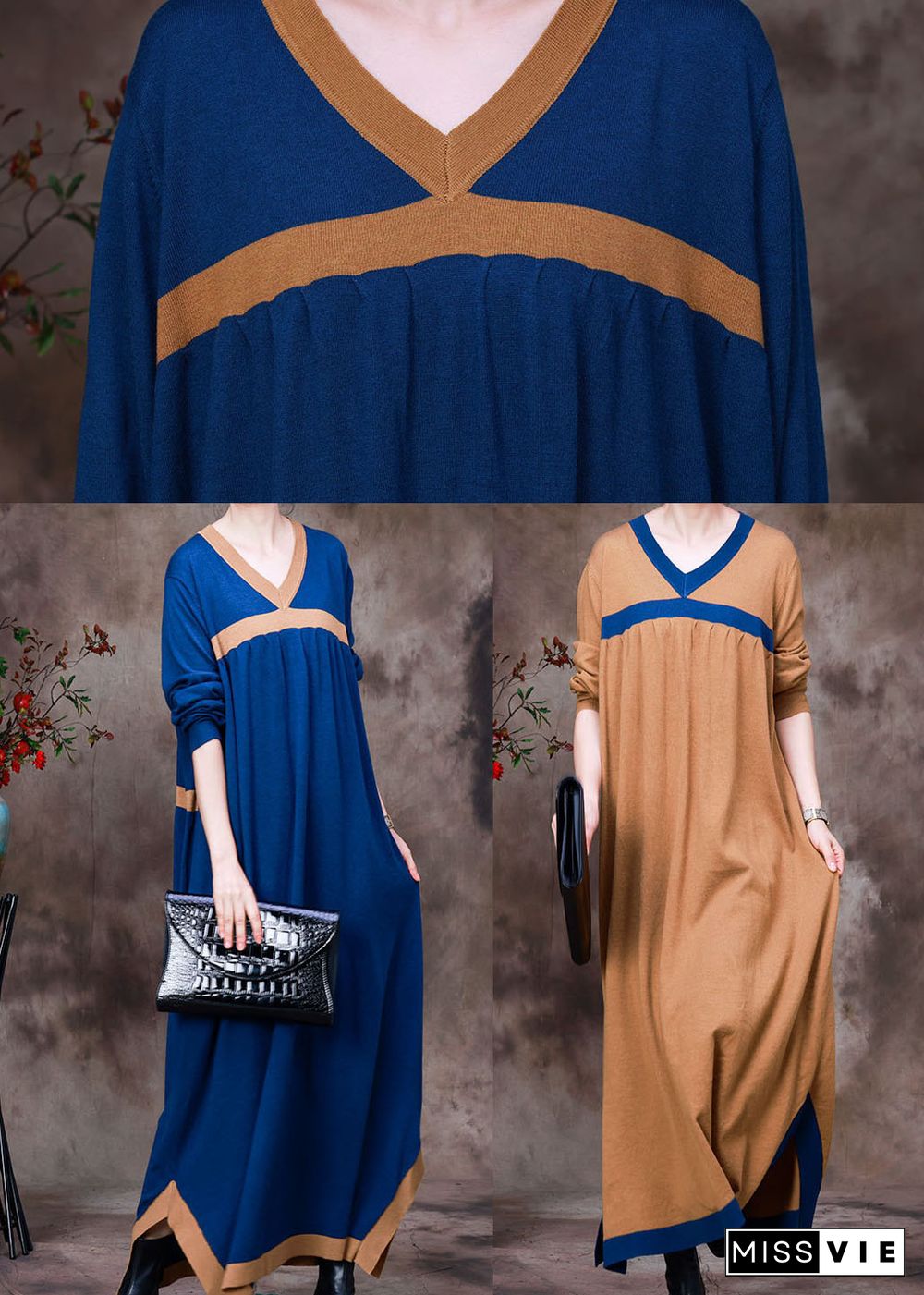 Blue Patchwork Knit Vacation Dresses Asymmetrical Long Sleeve