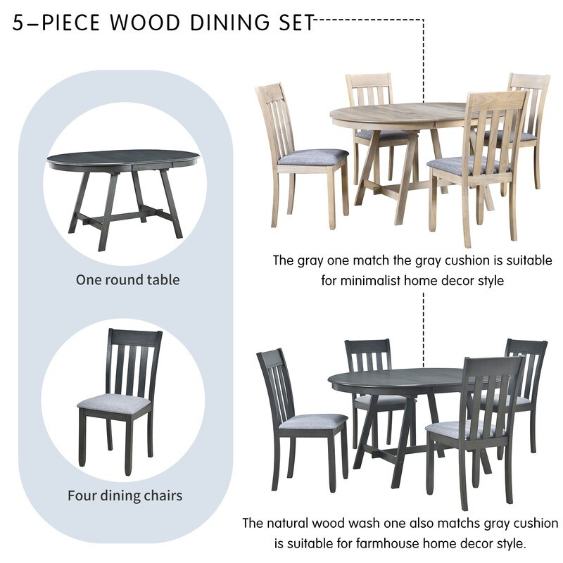 5 Piece Wooden Dining Table Set  Round Extendable Dining Table with 4 Dining Chairs