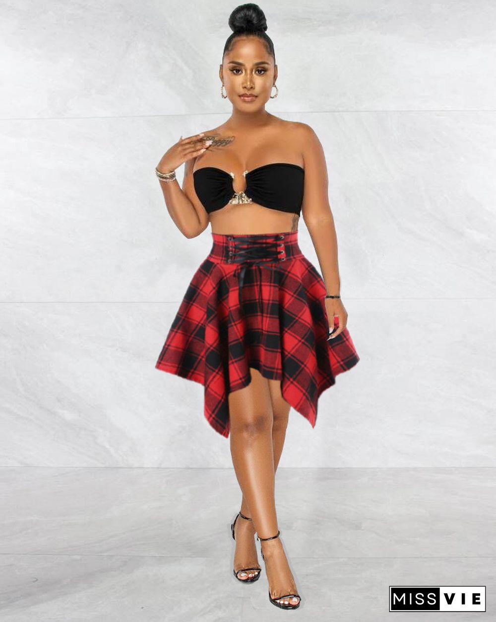 Fashion Irregular Plaid High Waist Skirt