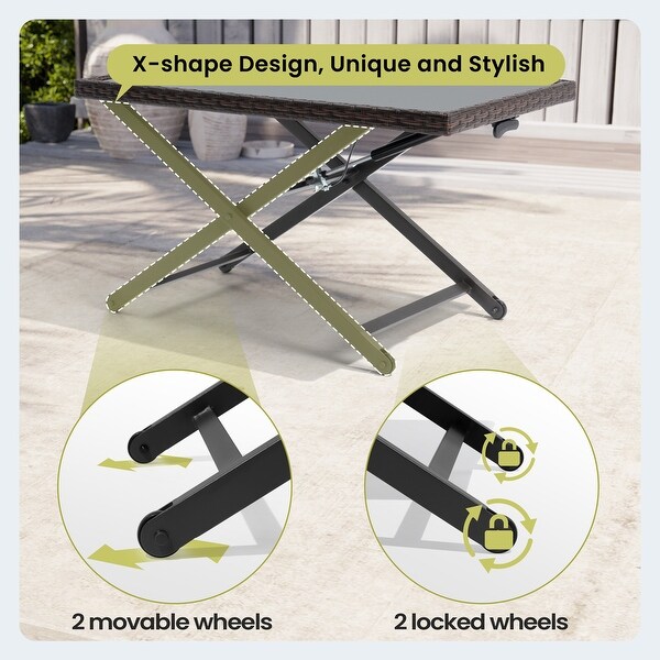 Outdoor Coffee Table Side Table Fits with Conversation Set，PE Rattan and Glass Tabletop，Adjustable Height