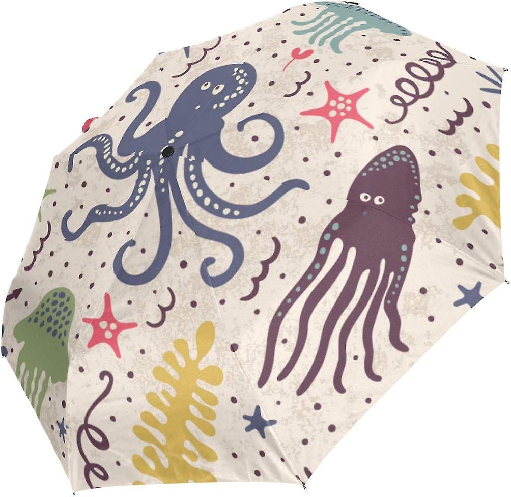 Travel Umbrella Automatic Windproof Foldable Umbrella Cute Underwater Sea Creatures