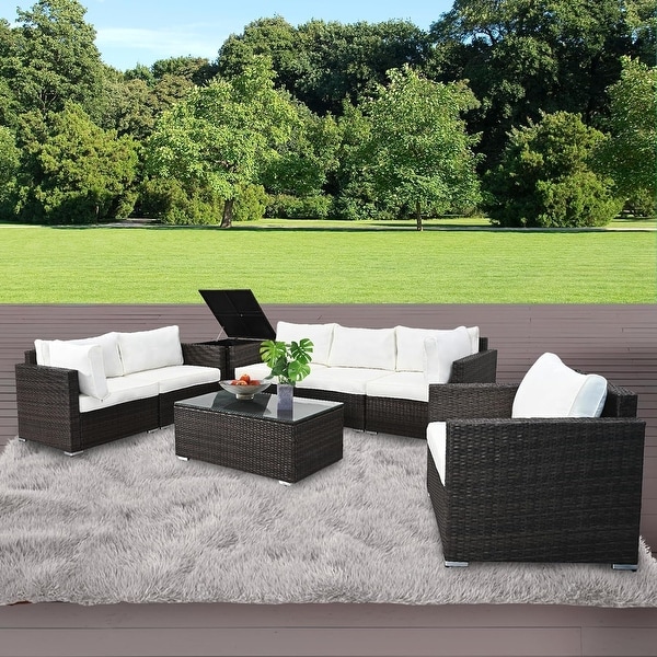 8Pieces Brown Wicker Outdoor Sectional Set with Glass Coffee Table